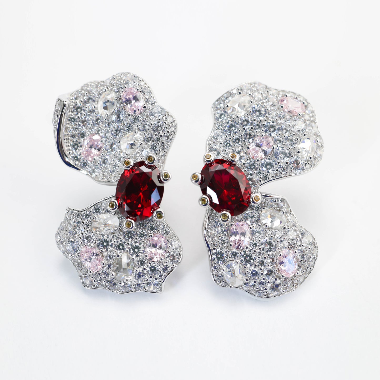 Special Offer Micro-setting ruby-pink-white color Lab created stones artistic butterflies' earrings, sterling silver.