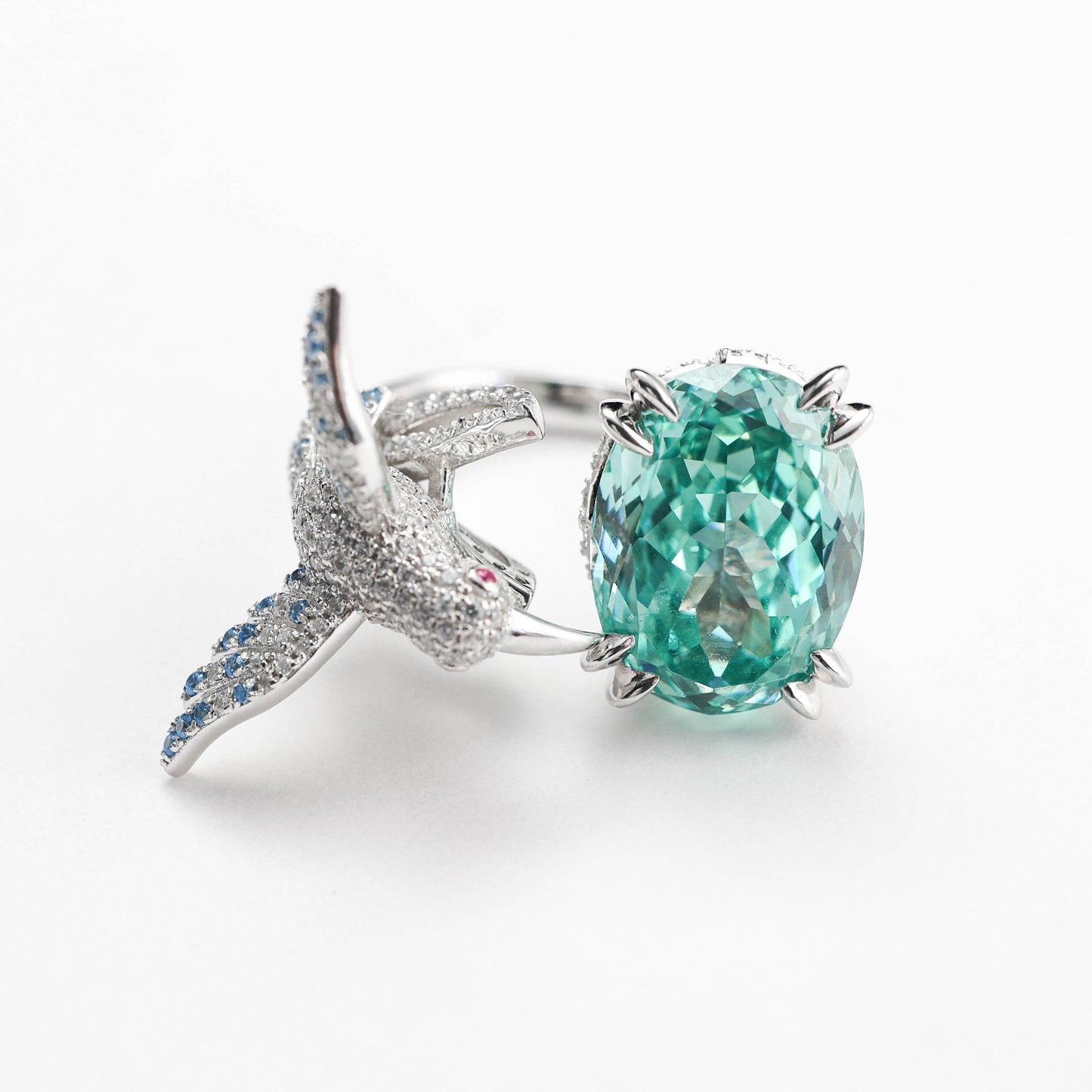 Kolibri-Ring mit Mikrofassung, Paraiba-Farblabor, erstellte Steine, detaillierter Kolibri, Sterlingsilber