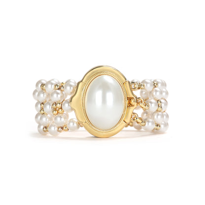 Reservation design Retro style Fashion bracelet, brass with white ABS pearls and 18K yellow gold plating