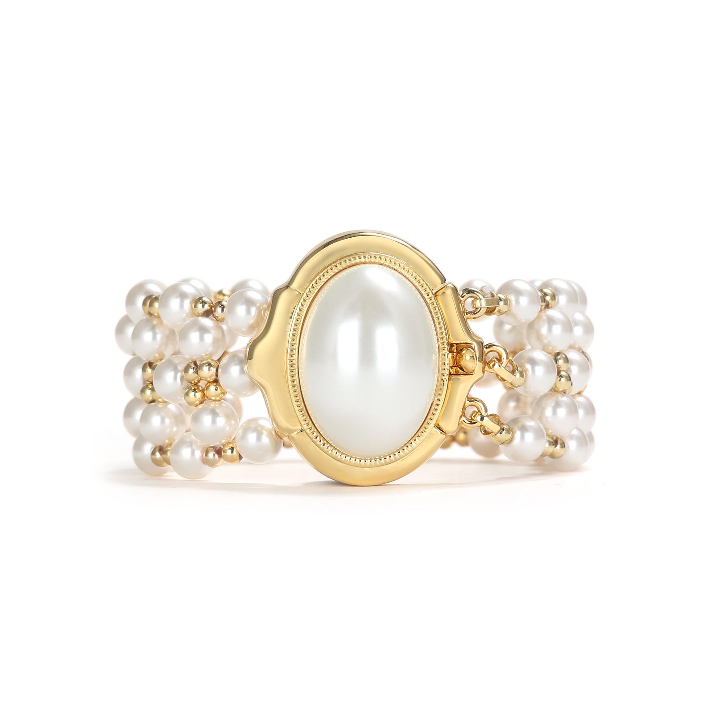 Reservation design Retro style Fashion bracelet, brass with white ABS pearls and 18K yellow gold plating