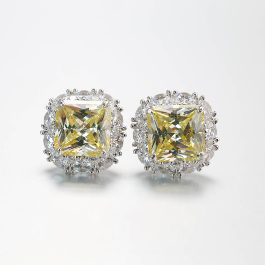 Special offer Micro-setting yellow diamond color princess cut square shape earrings. sterling silver