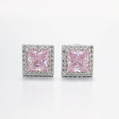 Micro-setting Pink diamond color princess cut Lab created stones Square shape detailed ear studs, sterling silver