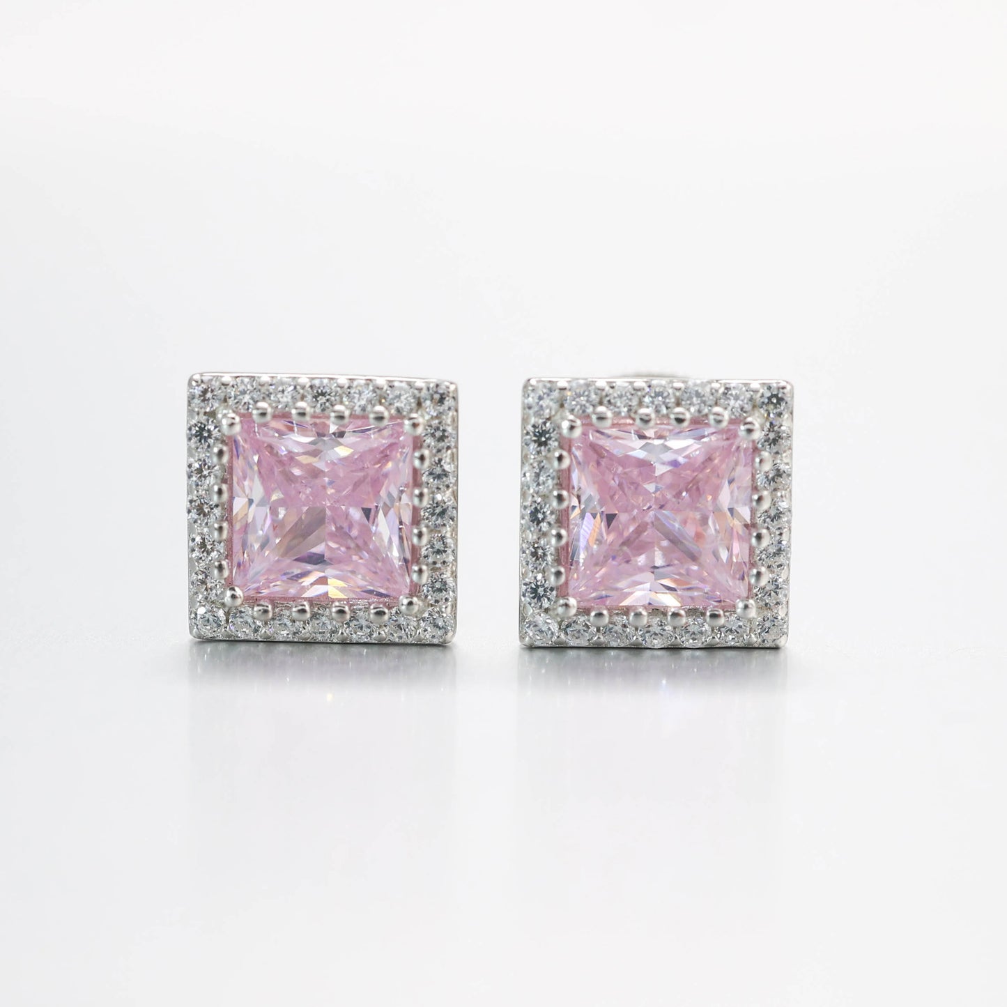 Micro-setting Pink diamond color princess cut Lab created stones Square shape detailed ear studs, sterling silver