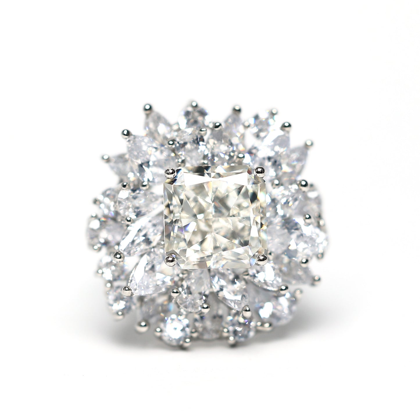 Micro-setting icy-cut Lab created stones F color fancy flower ring, sterling silver. (5 carat)