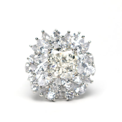 Micro-setting icy-cut Lab created stones F color fancy flower ring, sterling silver. (5 carat)