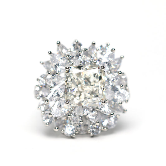 Micro-setting icy-cut Lab created stones F color fancy flower ring, sterling silver. (5 carat)