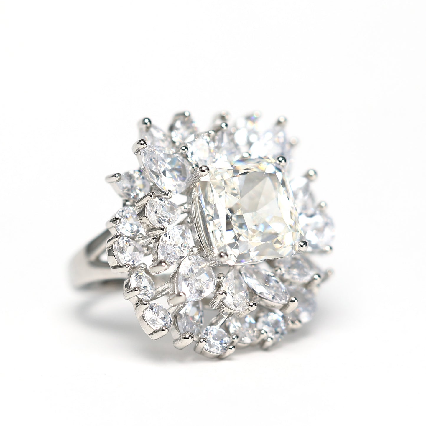 Micro-setting icy-cut Lab created stones F color fancy flower ring, sterling silver. (5 carat)