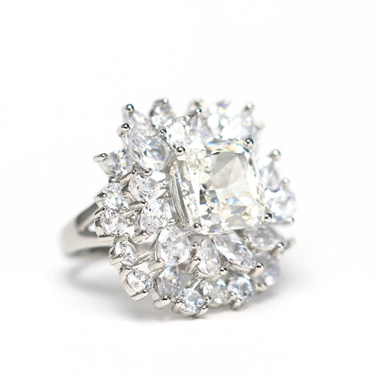 Micro-setting icy-cut Lab created stones F color fancy flower ring, sterling silver. (5 carat)