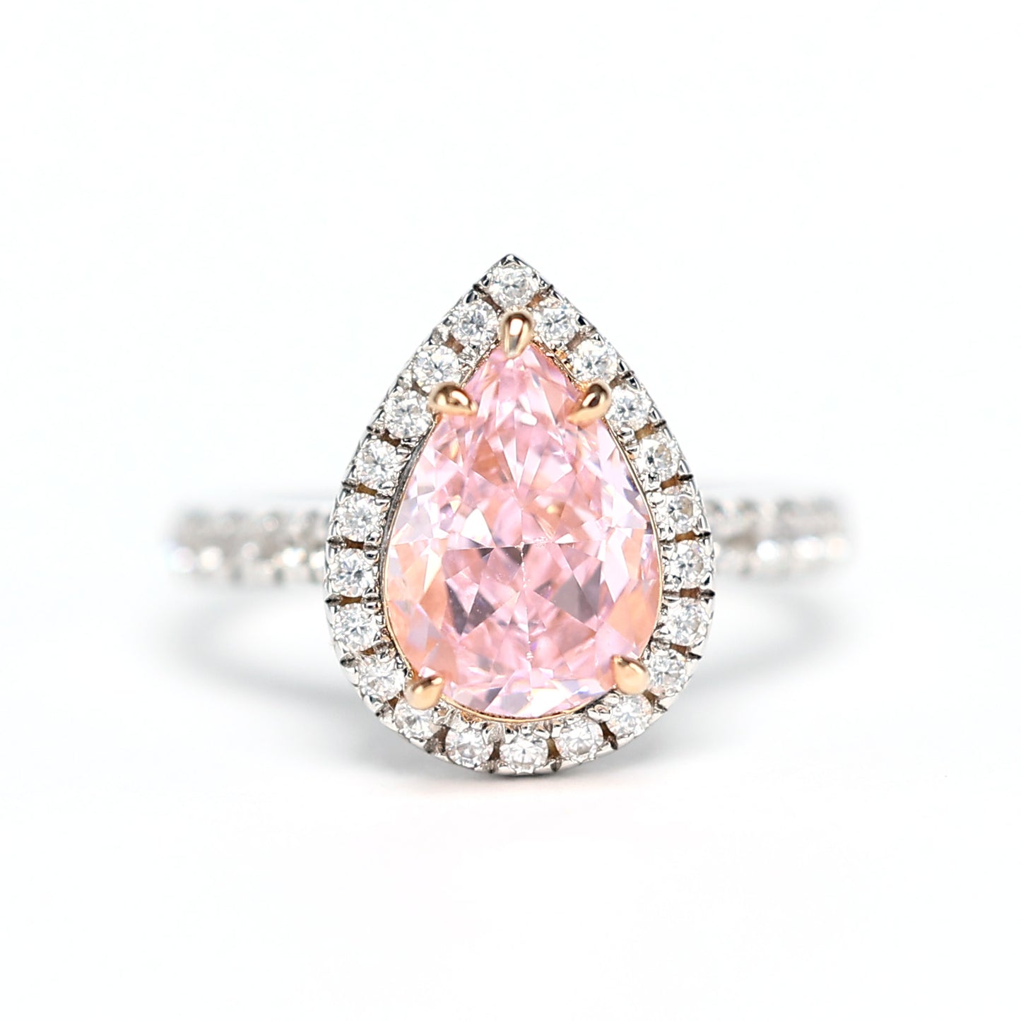 Wassertropfen-Ring mit rosafarbenen Diamanten in Mikrofassung, Farbe Lab erstellte Steine, Sterlingsilber