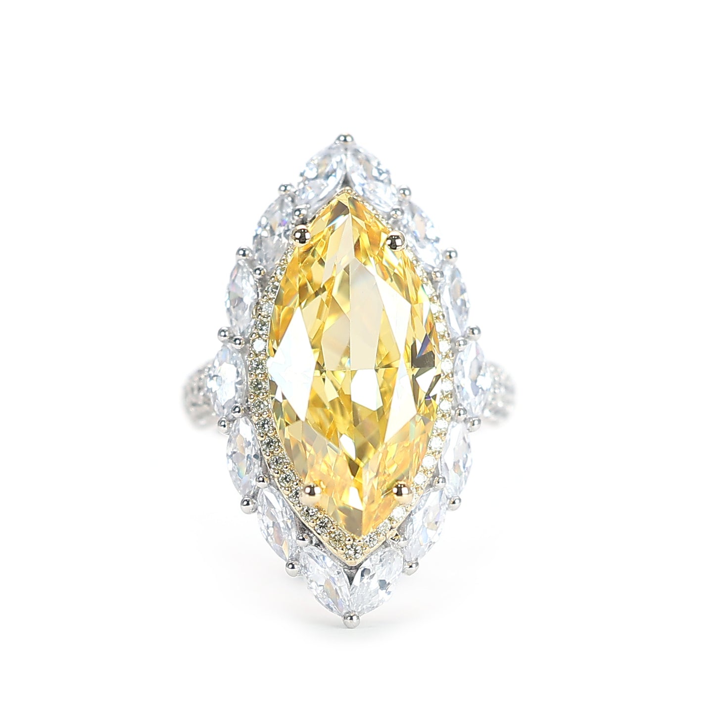 Offre spéciale Bague fantaisie micro-serti diamant couleur jaune forme marquise pierres créées par le laboratoire, argent 925/1000