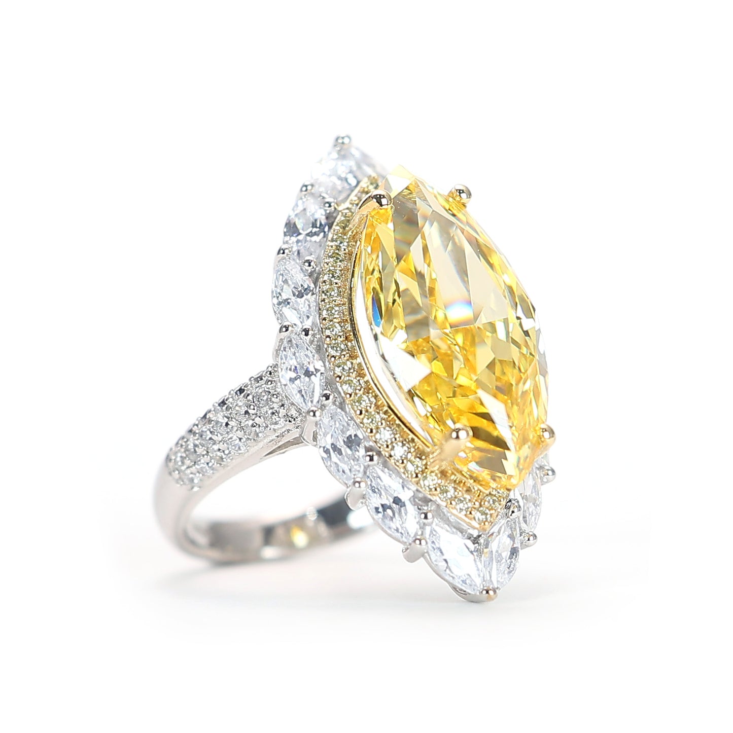 Special offer Micro-setting Yellow diamond color marquise shape Lab created stones fancy ring, sterling silver