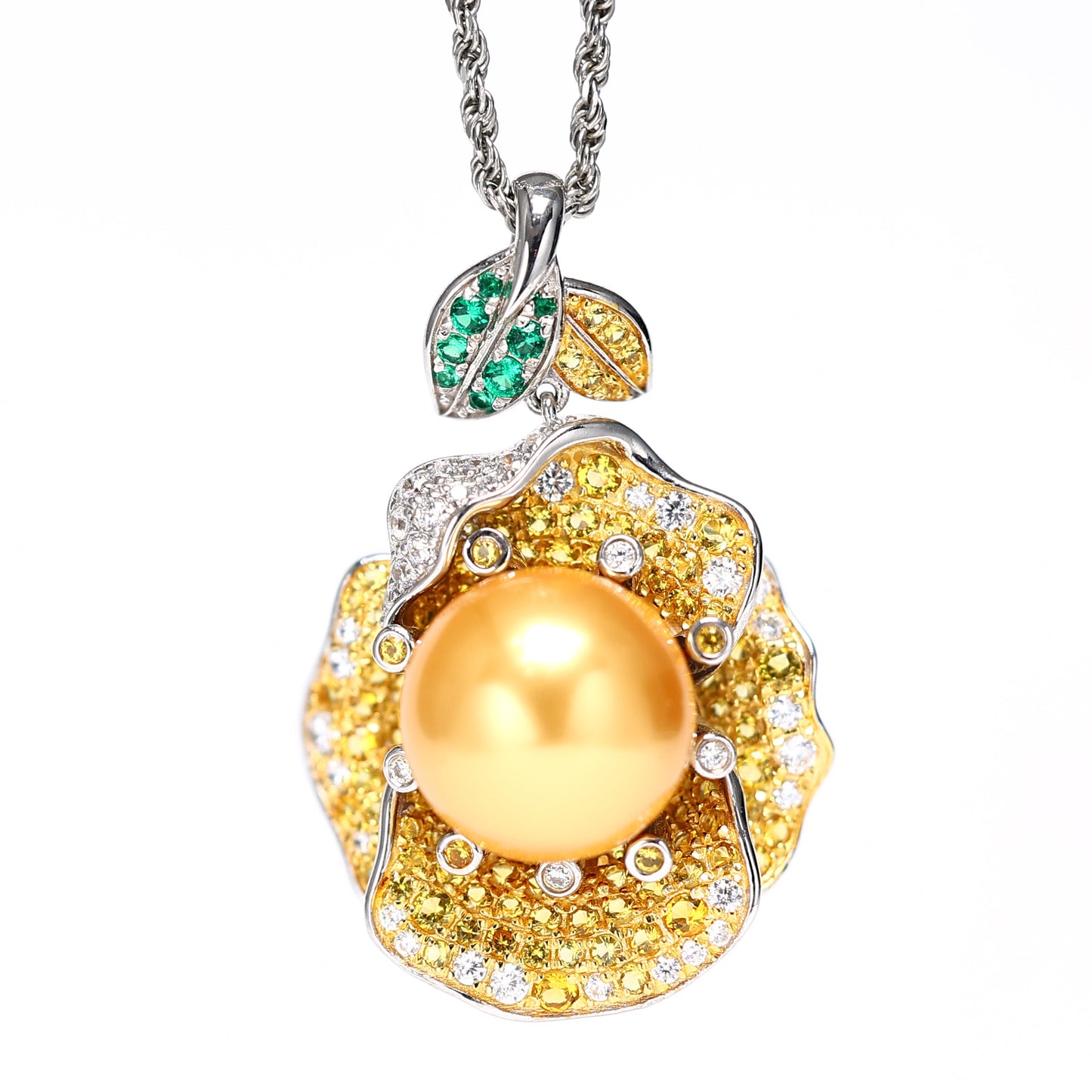 Micro-setting golden Shell pearl Lab created stones Treasures fill the home necklace, sterling silver