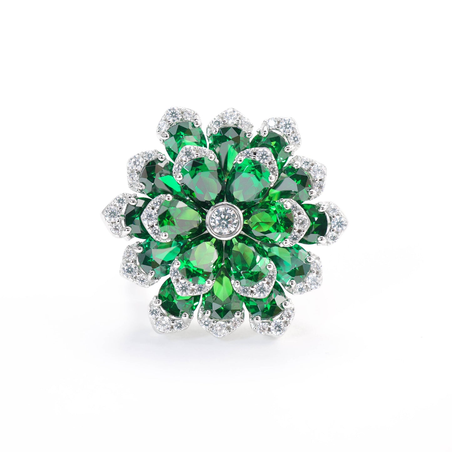 Bague en pierres de laboratoire couleur tsavorite fleur préservée micro-sertie, argent 925/1000e