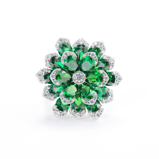 Micro-setting Preserved Flower Tsavorite color Lab created stones ring, sterling silver