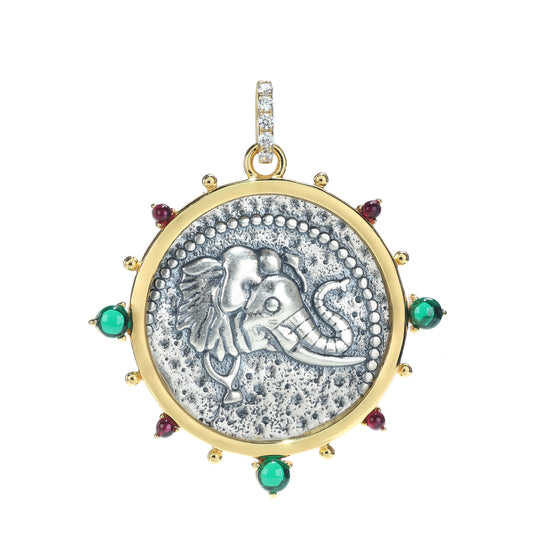 Promotional design Ancient coin imitation Lab created stones elephant pendant, sterling silver