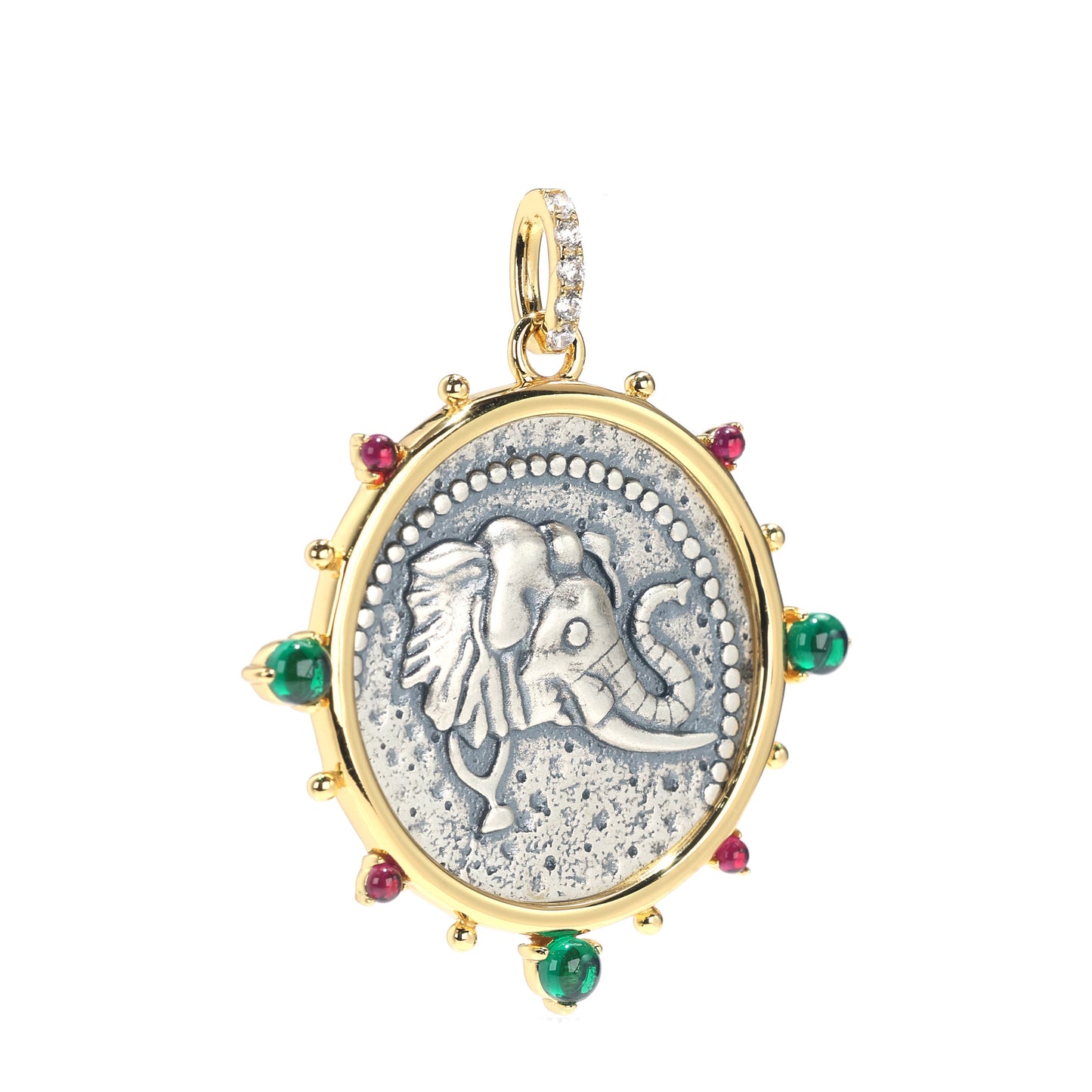 Promotional design Ancient coin imitation Lab created stones elephant pendant, sterling silver