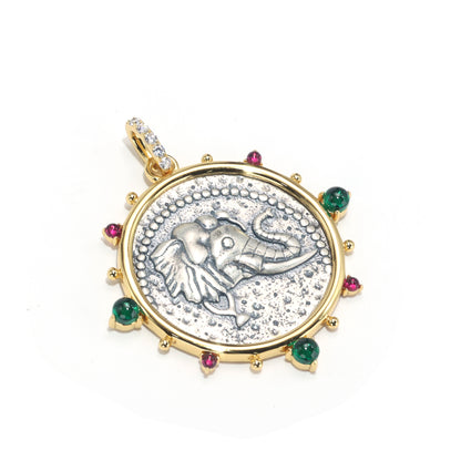 Promotional design Ancient coin imitation Lab created stones elephant pendant, sterling silver