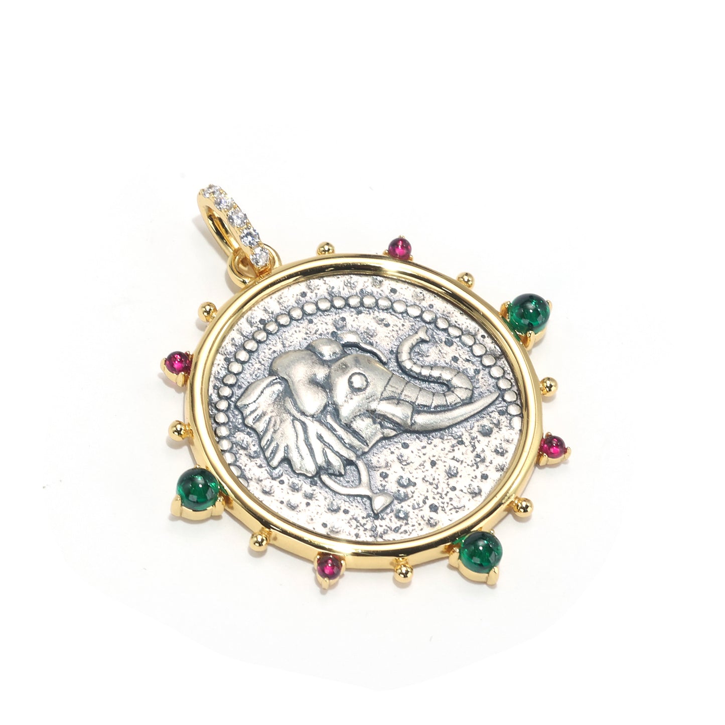 Promotional design Ancient coin imitation Lab created stones elephant pendant, sterling silver