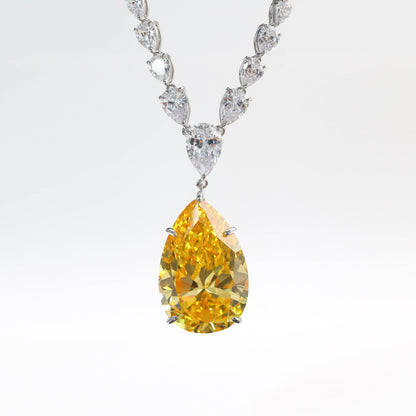 Micro-setting Yellow and clear diamond color Lab created stones detailed classic waterdrop necklace, sterling silver