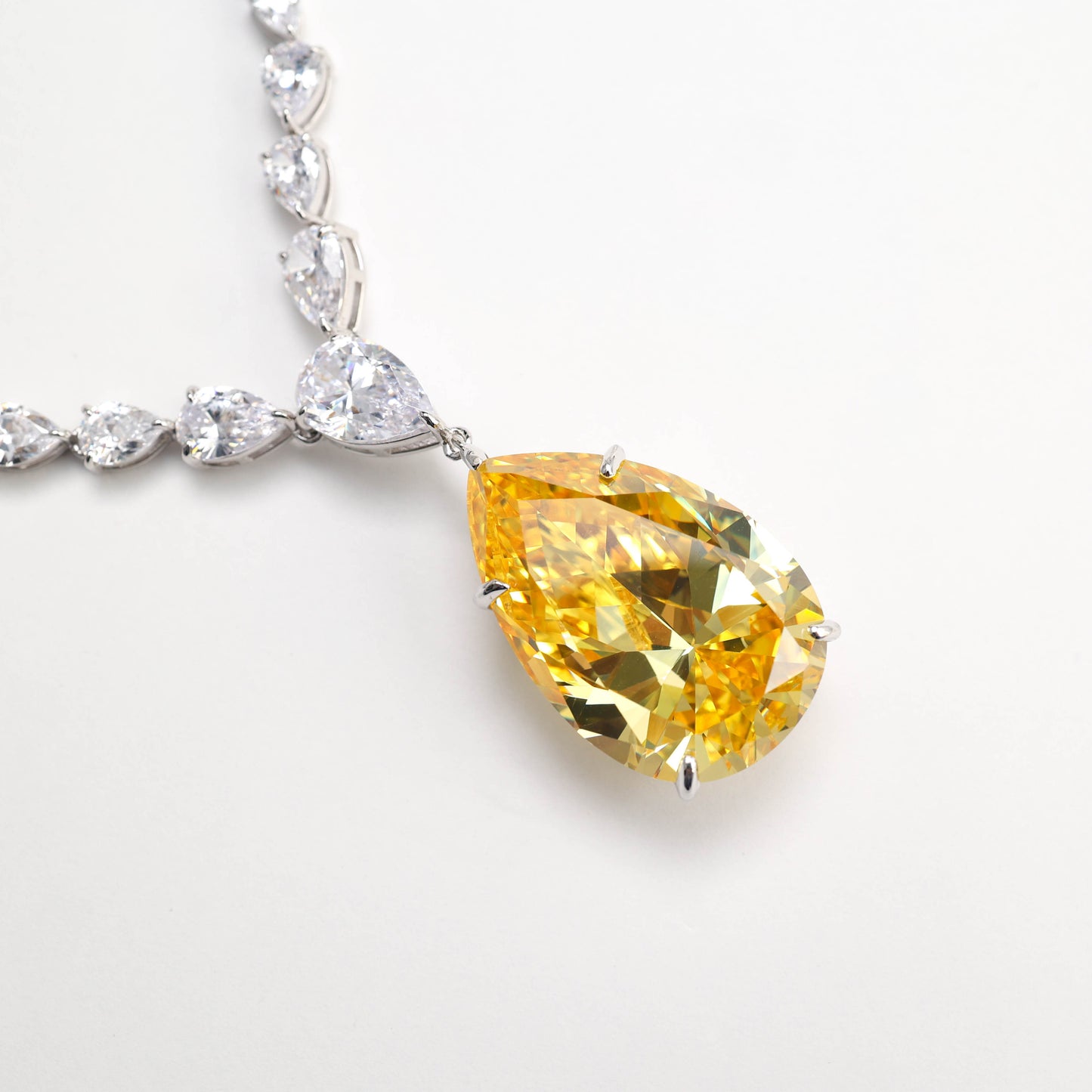 Micro-setting Yellow and clear diamond color Lab created stones detailed classic waterdrop necklace, sterling silver