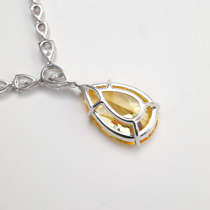 Micro-setting Yellow and clear diamond color Lab created stones detailed classic waterdrop necklace, sterling silver