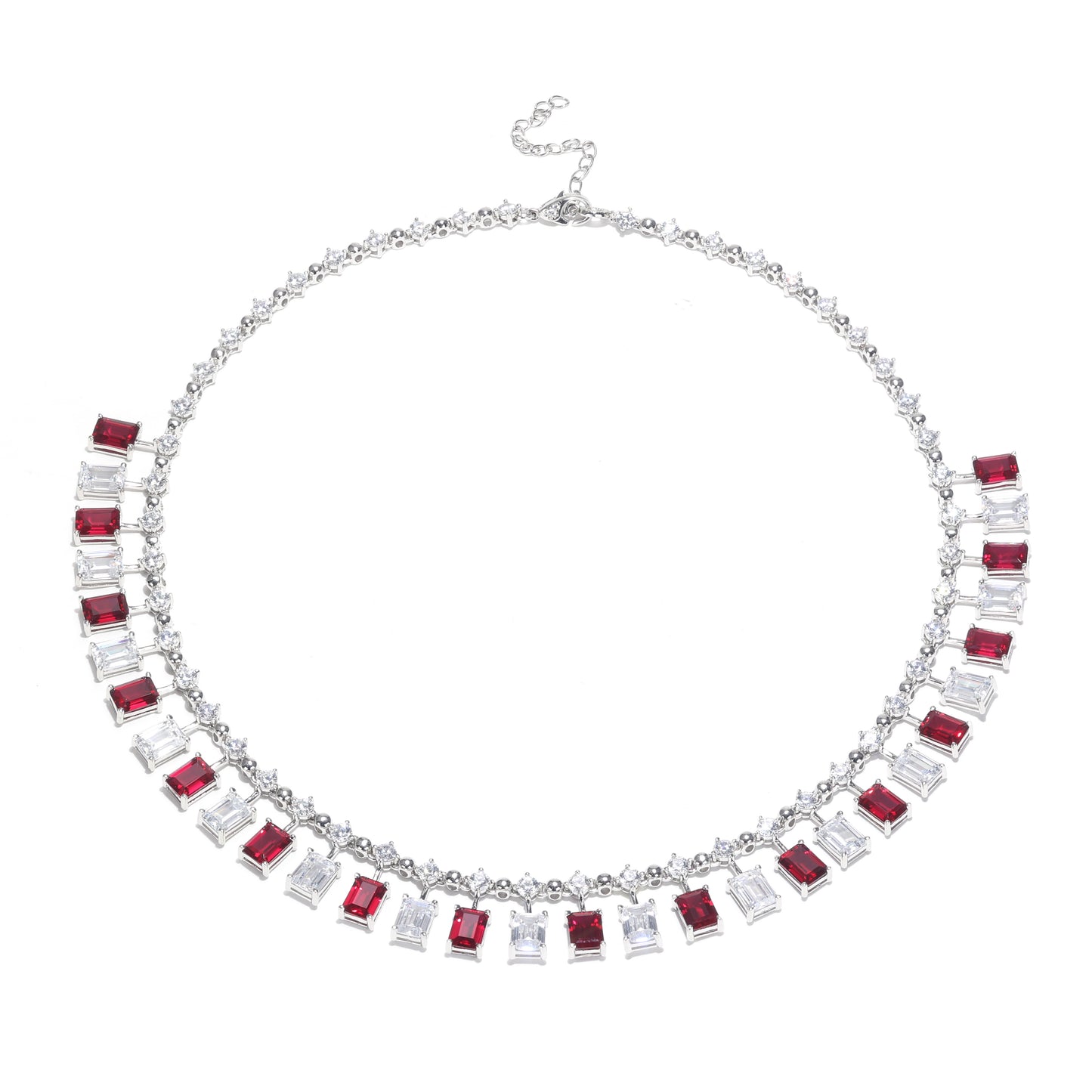 Micro-setting Ruby color Lab created stones Emerald cut modern necklace , sterling silver