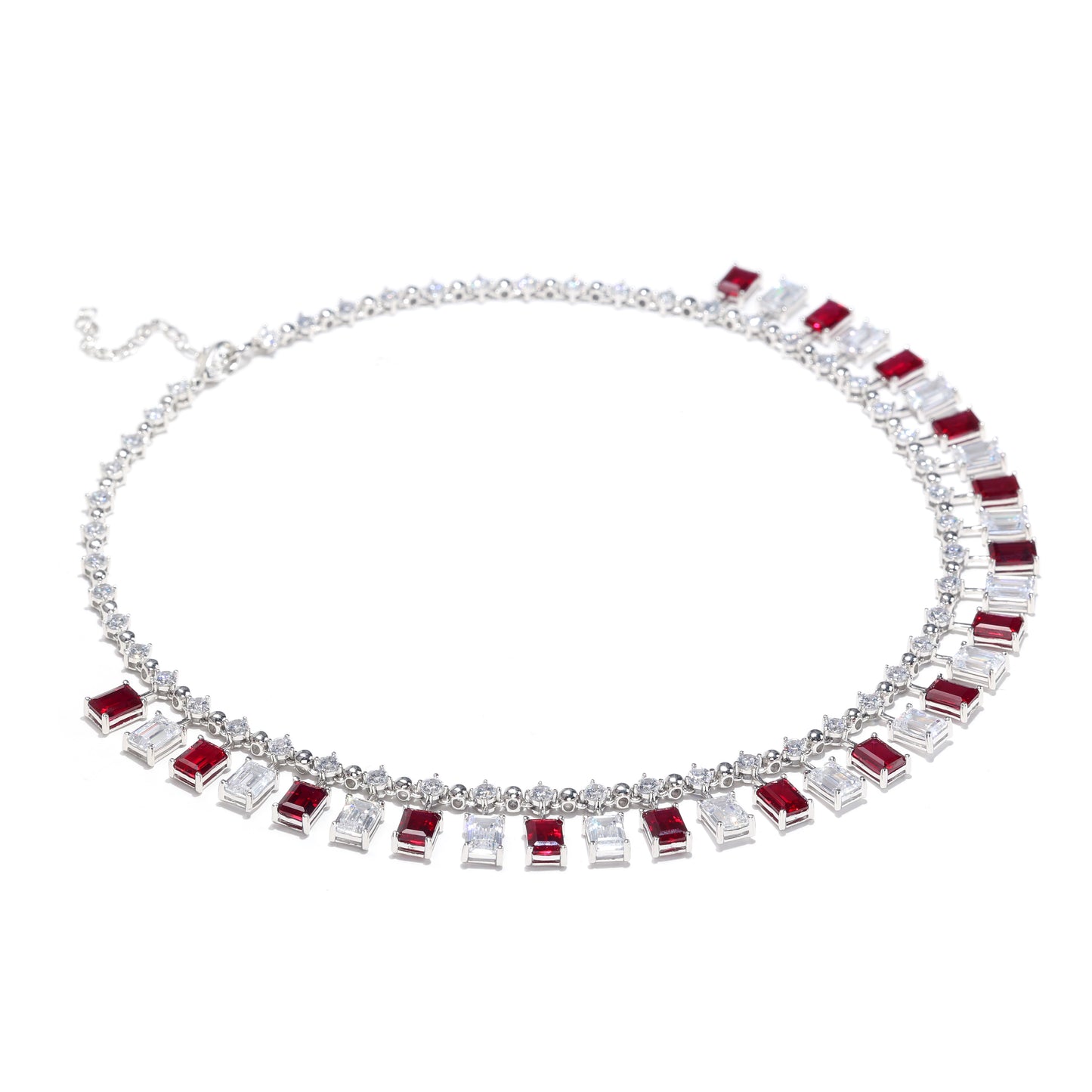 Micro-setting Ruby color Lab created stones Emerald cut modern necklace , sterling silver