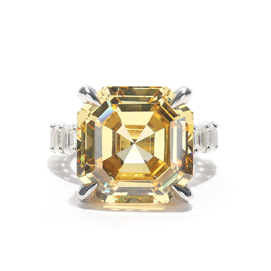 Pièce personnalisée. Diamant jaune micro-serti couleur Pierres créées par le laboratoire Bague taille Asscher, argent sterling