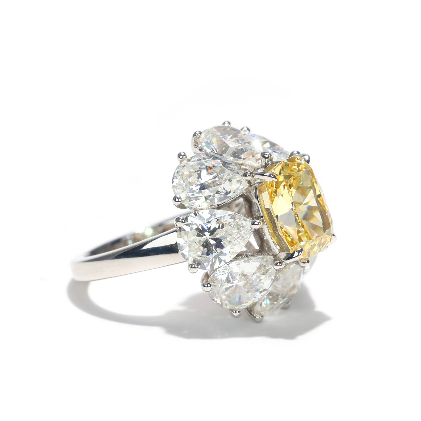 Customized piece. Micro-setting Yellow diamond color Lab created stones Daisy ring, sterling silver