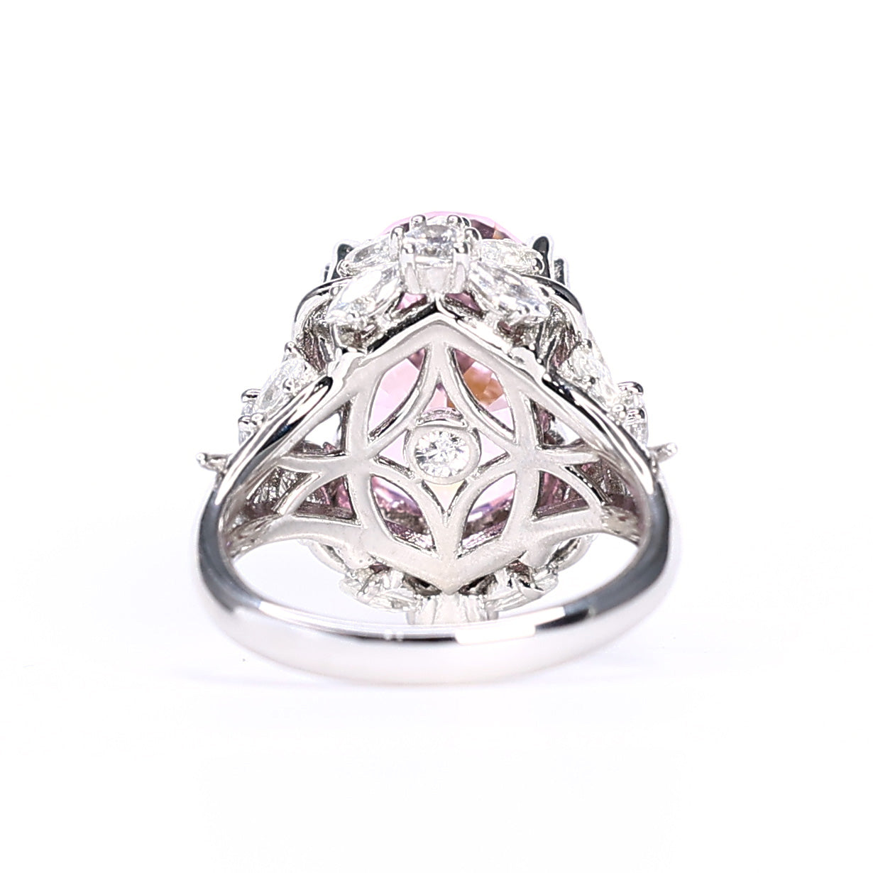 Bague fleur de pêcher fantaisie couleur rose micro-serti, argent sterling