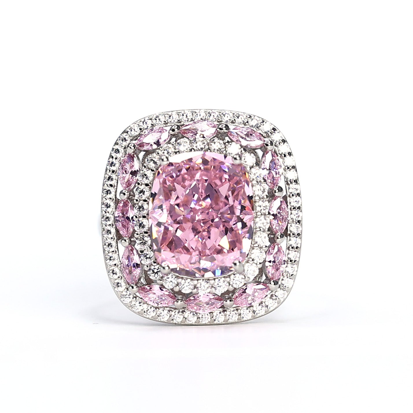 Only 1 piece Micro-setting Pink diamond color Lab created stones fancy ring, sterling silver. adjustable ring size