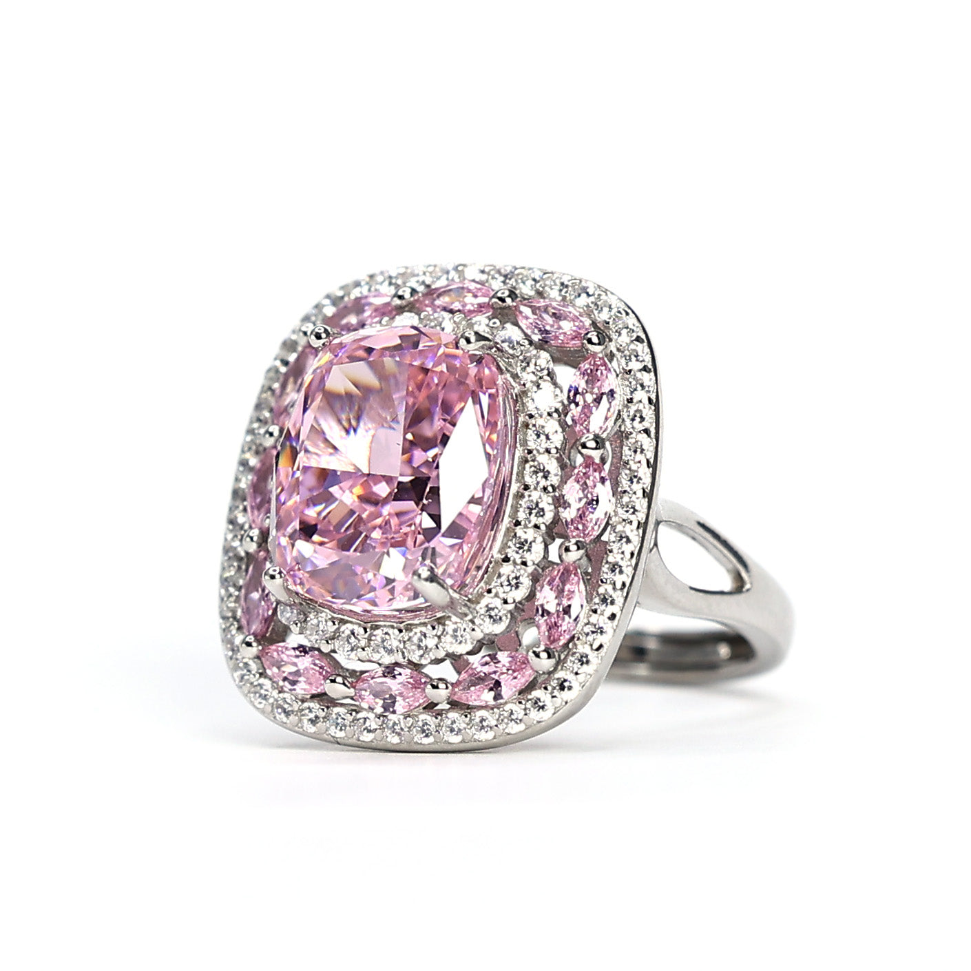 Only 1 piece Micro-setting Pink diamond color Lab created stones fancy ring, sterling silver. adjustable ring size