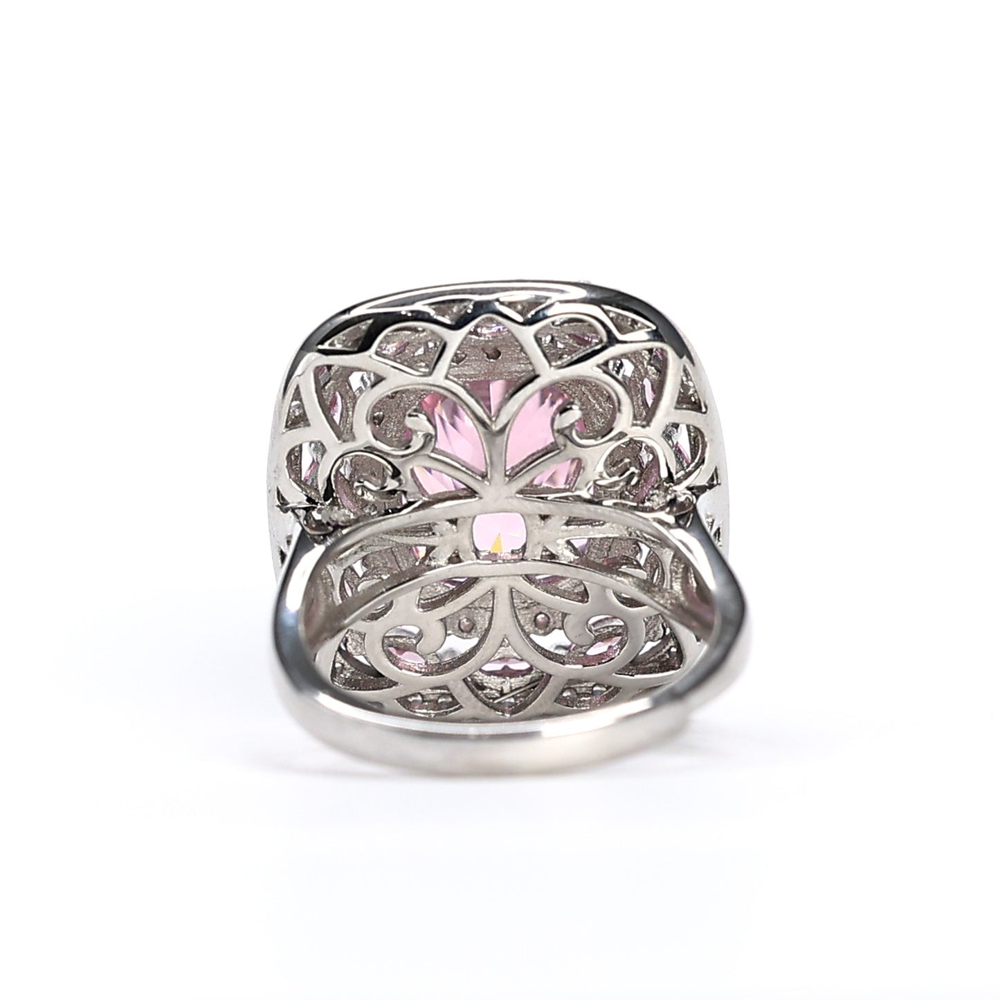 Seulement 1 pièce Bague fantaisie avec pierres de laboratoire couleur diamant rose micro-serti, argent sterling. taille de bague réglable