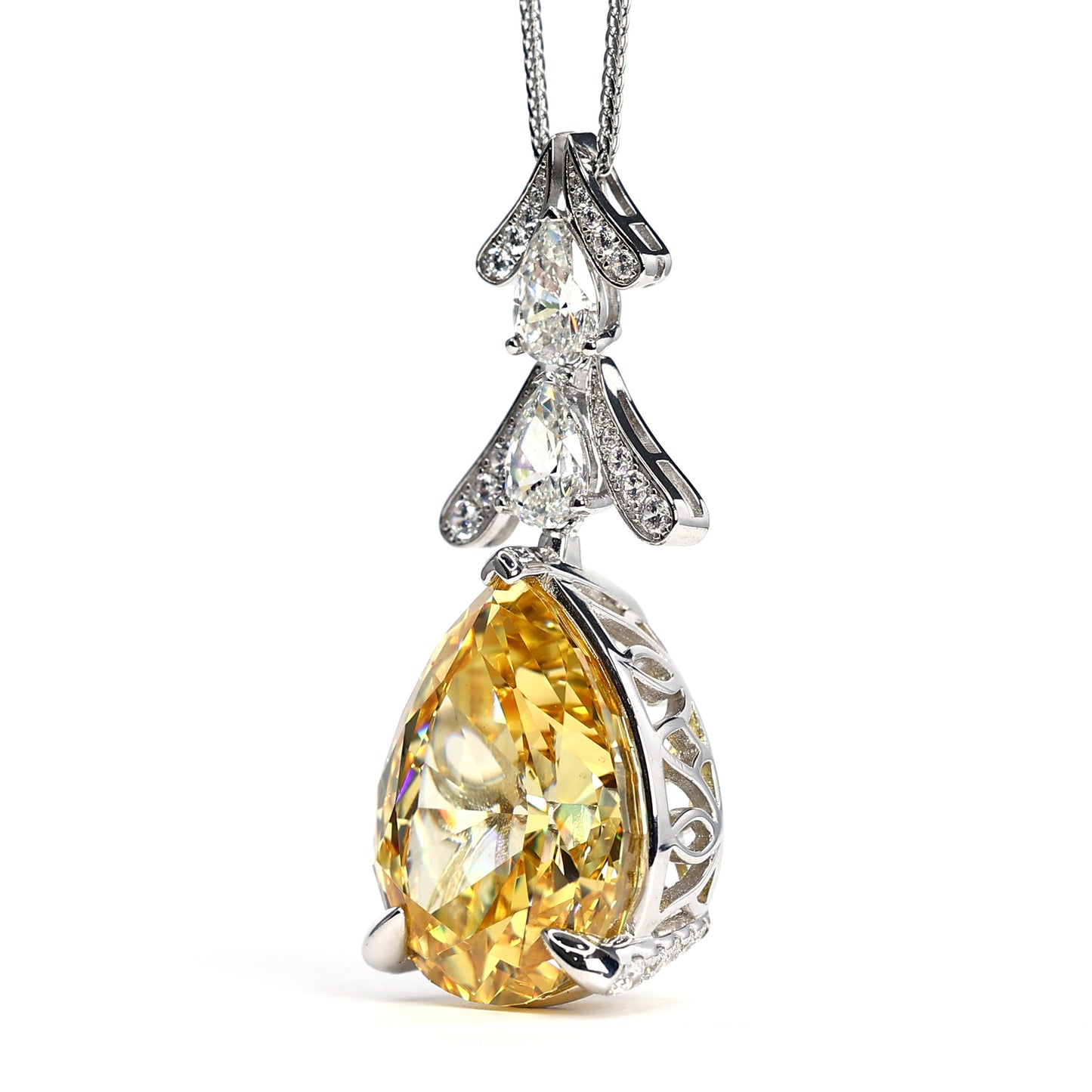 Micro-setting Yellow diamond color water-drop fancy necklace, sterling silver.（90.5 carat）