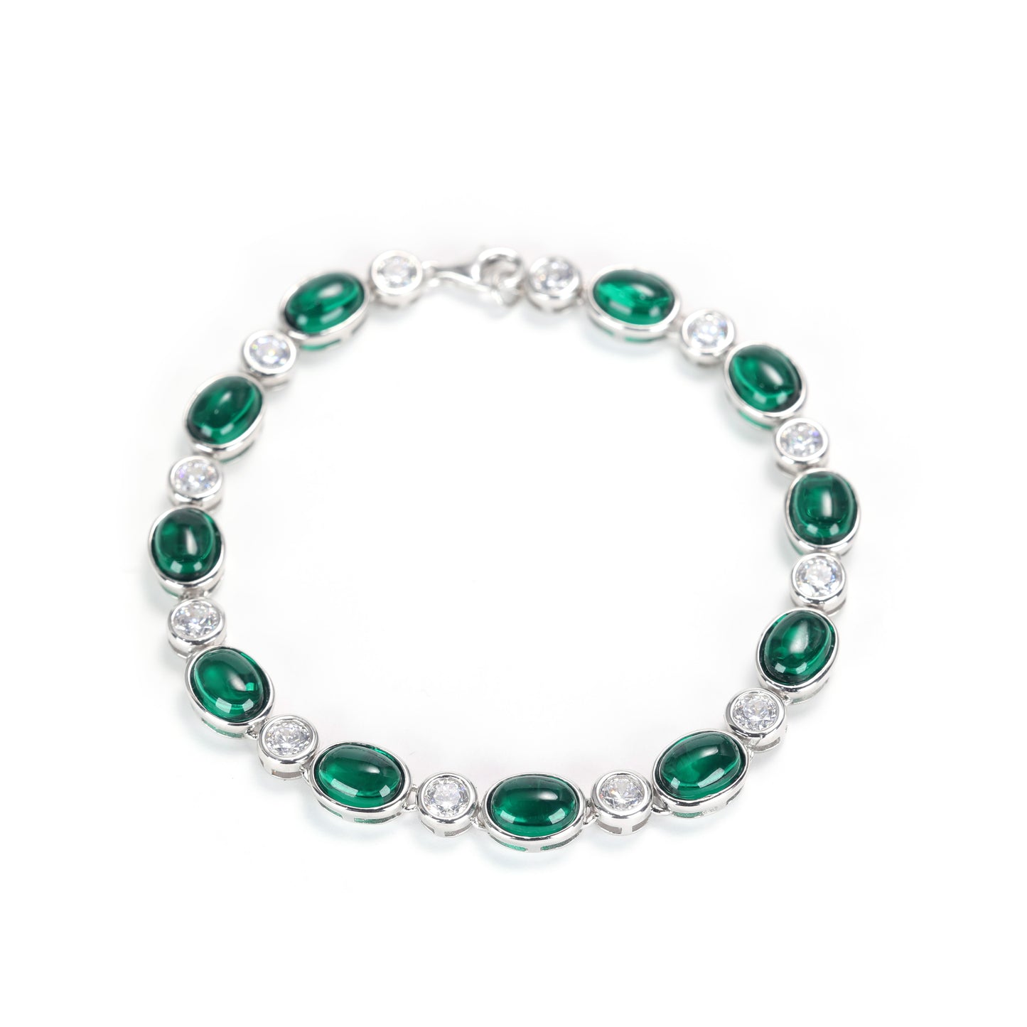 Customized only 1 emerald color Cabochon cut Lab created stones tennis chain bracelet , sterling silver