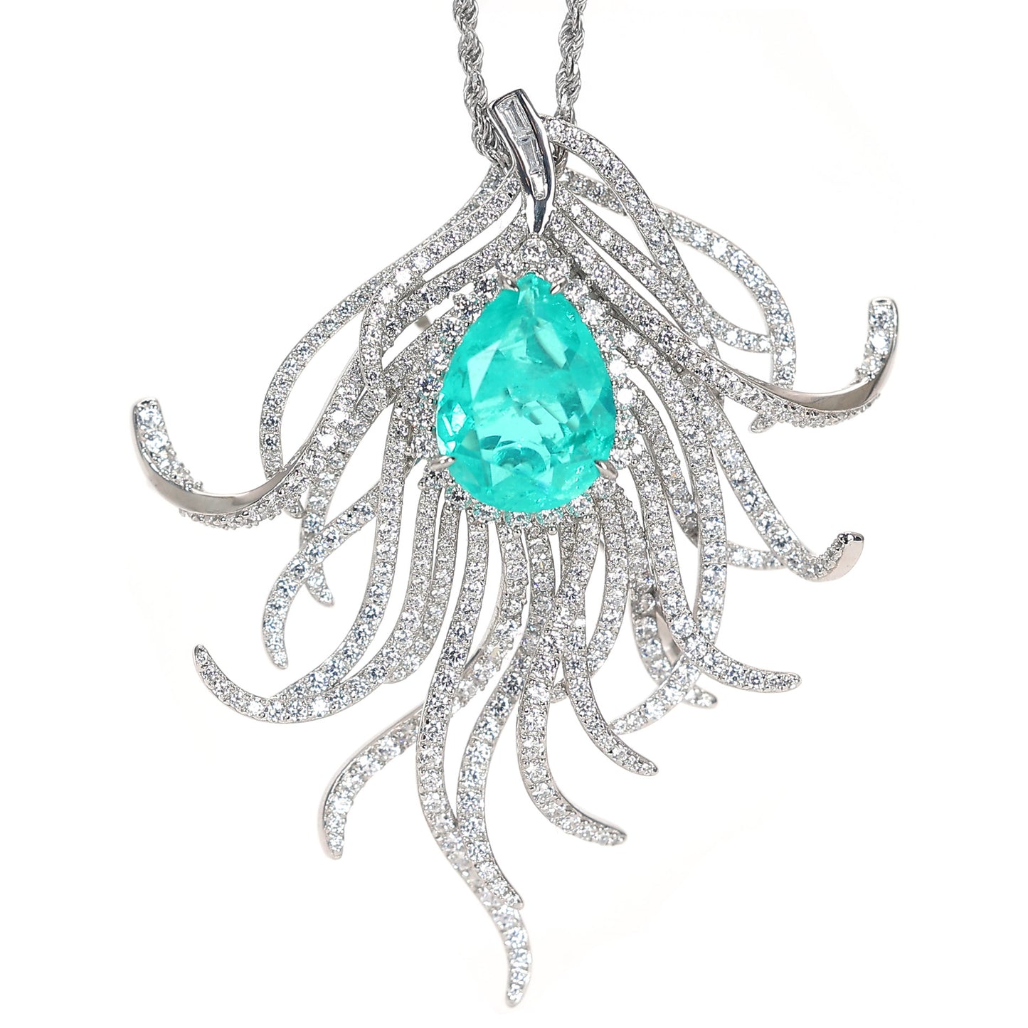 Pierres créées par le laboratoire de couleur Paraiba micro-serti, pendentif et broche polyvalents en plumes d'aurore, argent sterling.