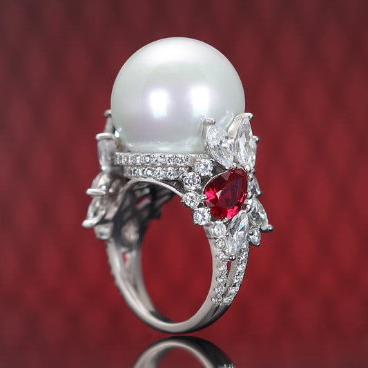 Micro-setting ruby color Lab created stones White shell pearl ring, sterling silver