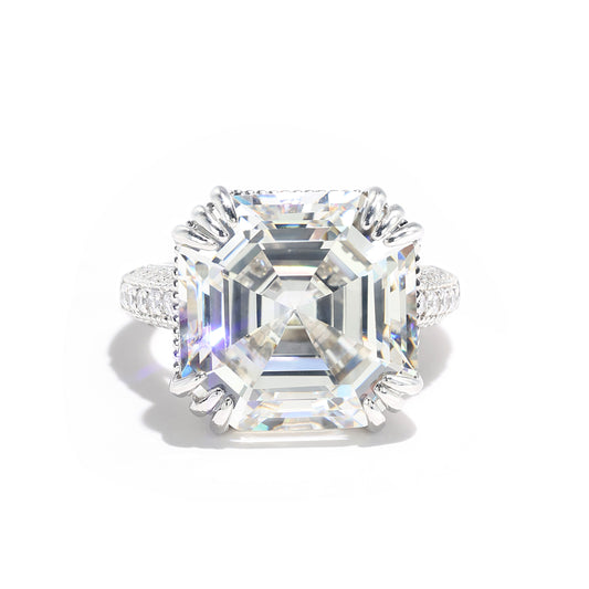 Micro-setting Clear Diamond color Asscher cut Lab created stones 12 prong Classic ring, sterling silver