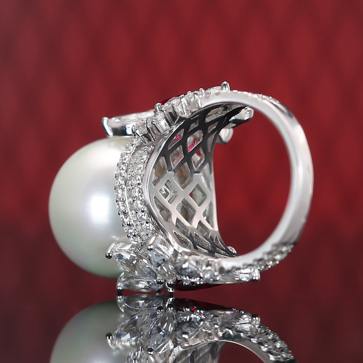 Micro-setting ruby color Lab created stones White shell pearl ring, sterling silver