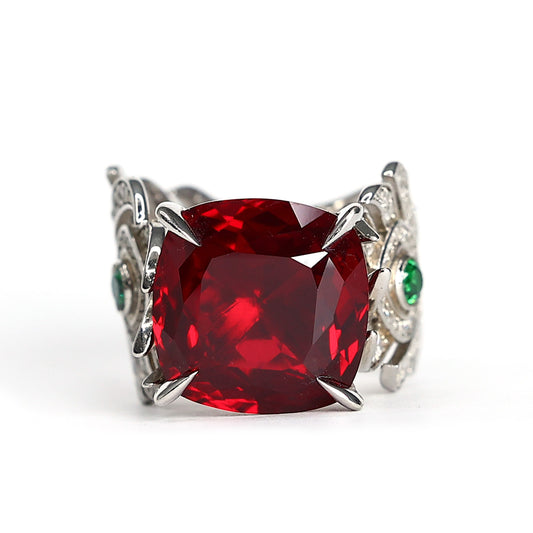 Micro-setting Ruby color Lab created stones phoenix tail ring, sterling silver