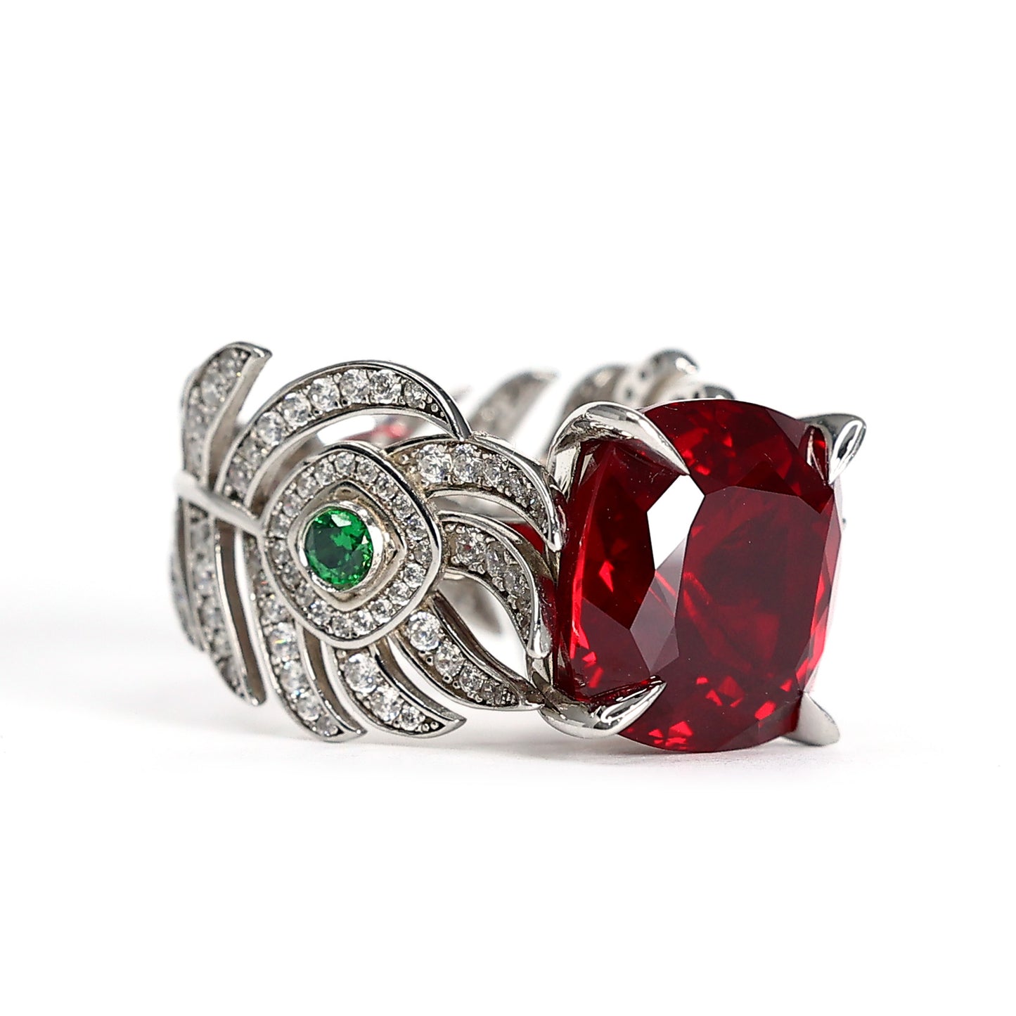 Micro-setting Ruby color Lab created stones phoenix tail ring, sterling silver