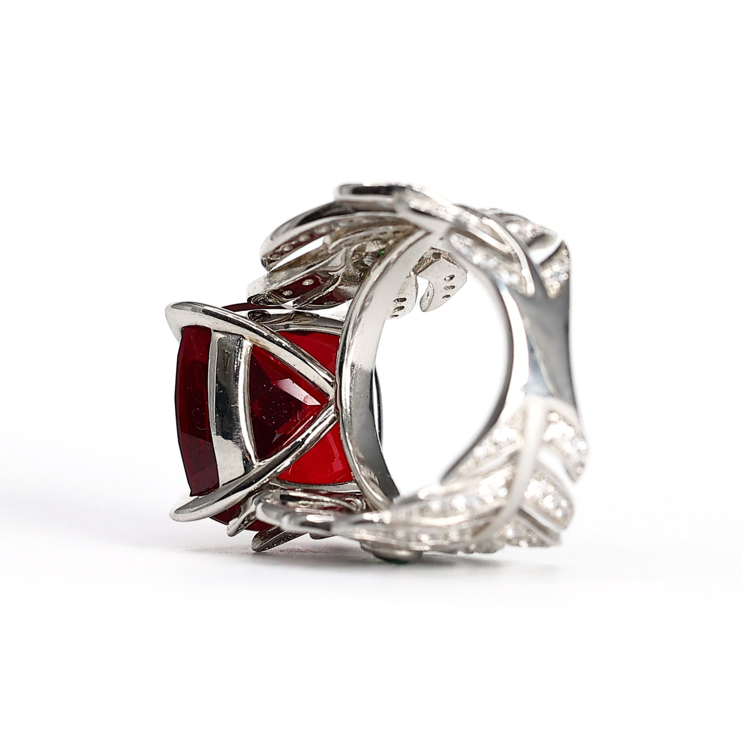 Micro-setting Ruby color Lab created stones phoenix tail ring, sterling silver