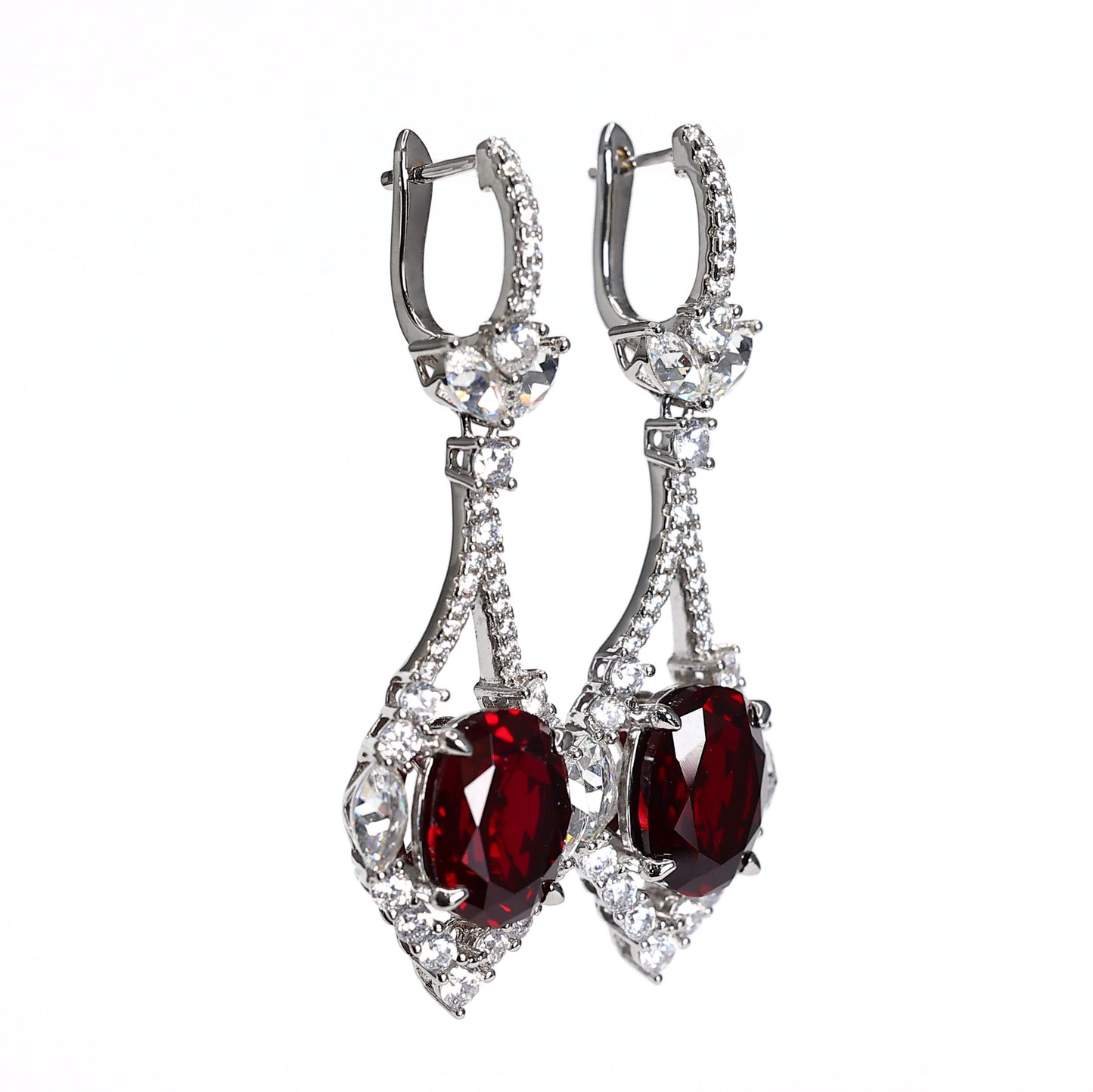 Micro-setting Ruby color lab created stones fancy earrings, sterling silver.