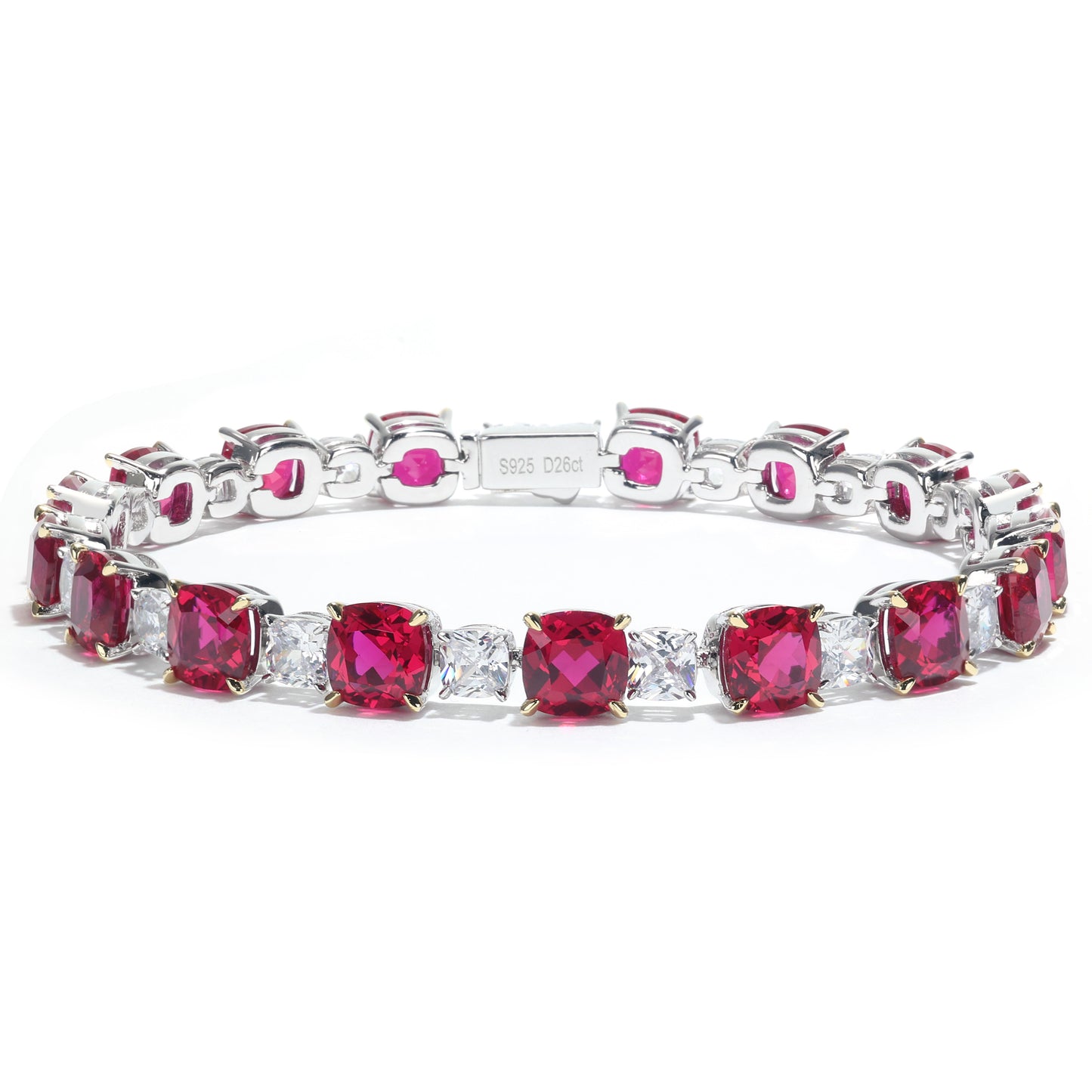 Only 1 piece Micro-setting Ruby and clear diamond color Lab created stones cushion modern tennis bracelet , sterling silver