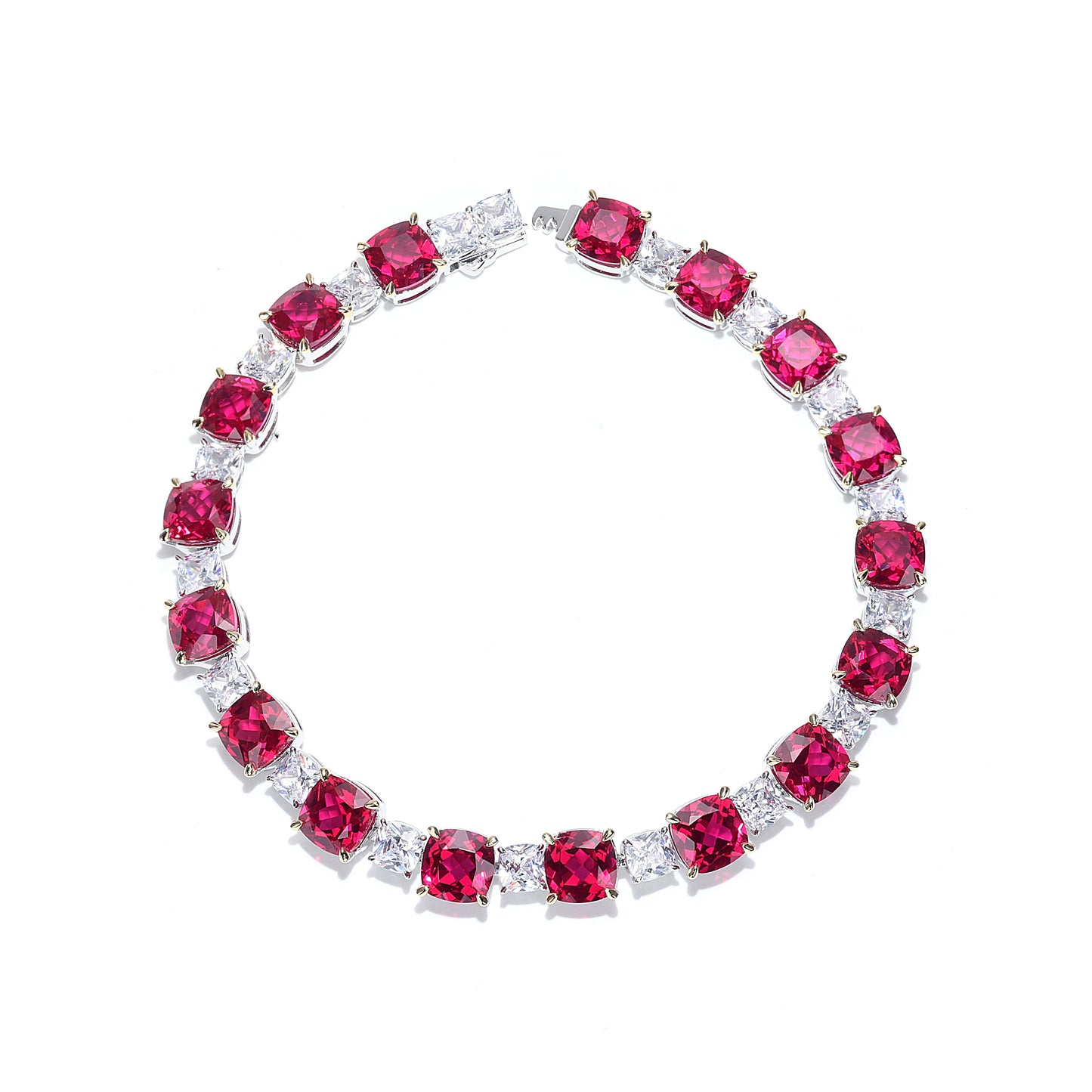 Only 1 piece Micro-setting Ruby and clear diamond color Lab created stones cushion modern tennis bracelet , sterling silver