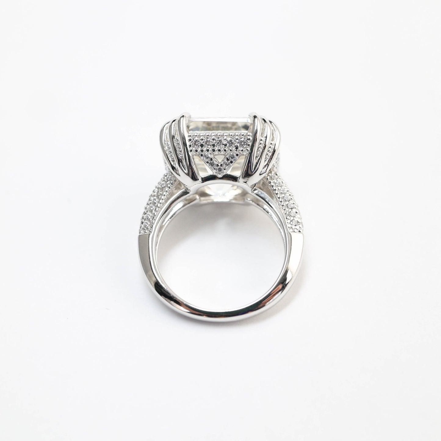 Micro-setting Clear Diamond color Asscher cut Lab created stones 12 prong ring, sterling silver