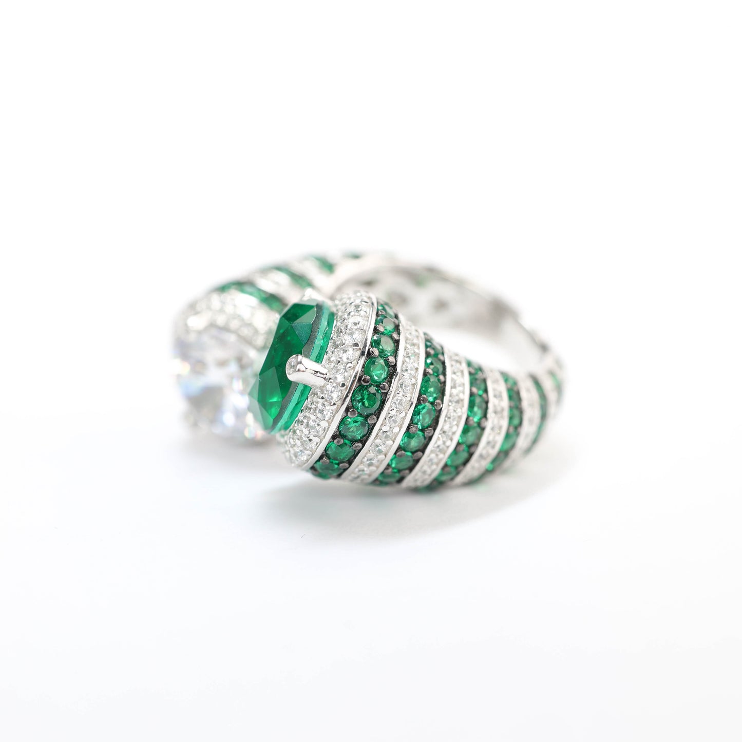 Micro-setting Emerald color Lab created stones Zebra ring, sterling silver