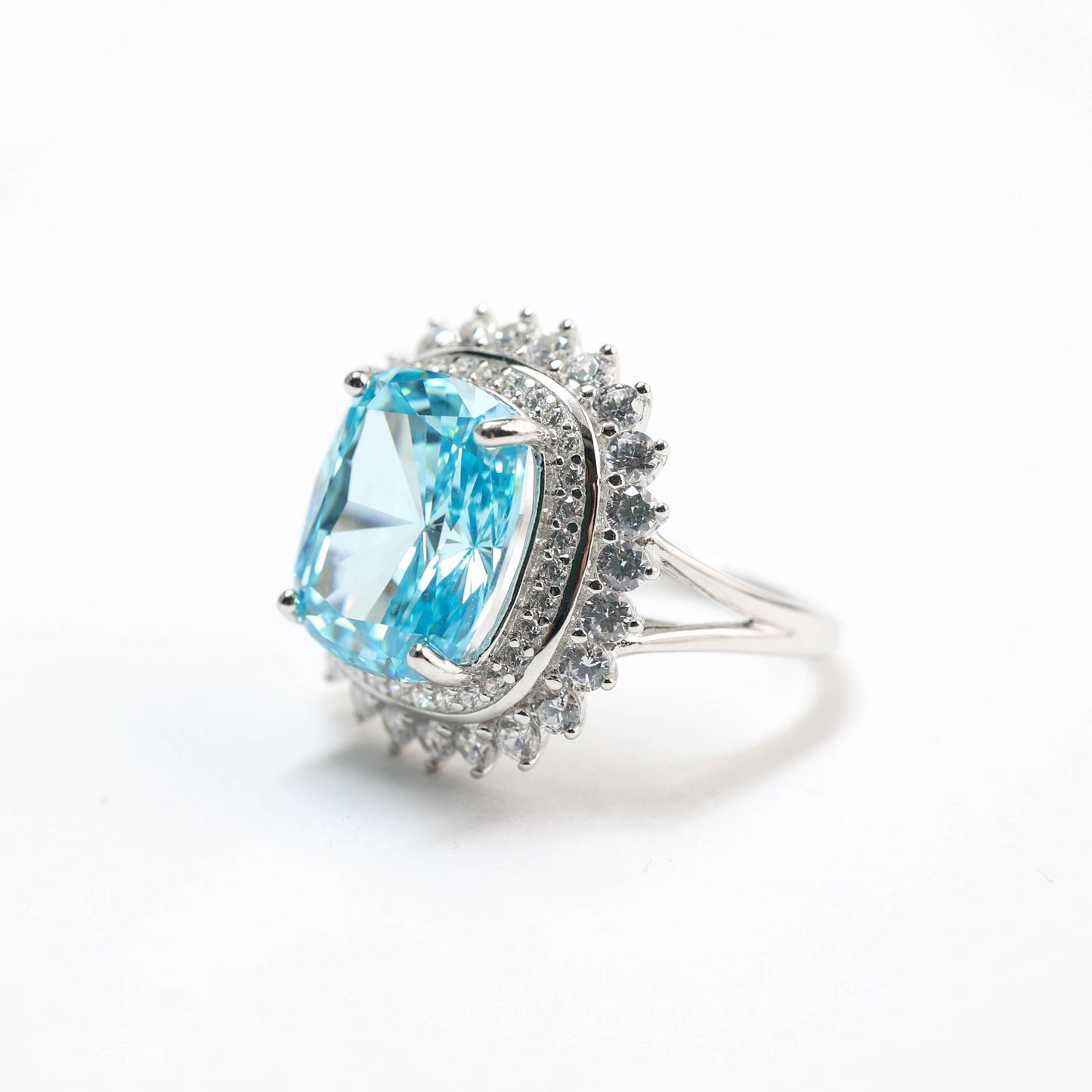 Promotion design: Micro-setting Aquamarine color Lab created stones sparkle ring, sterling silver