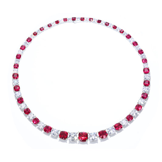 Micro-setting Ruby and clear diamond color Lab created stones cushion modern tennis necklace , sterling silver