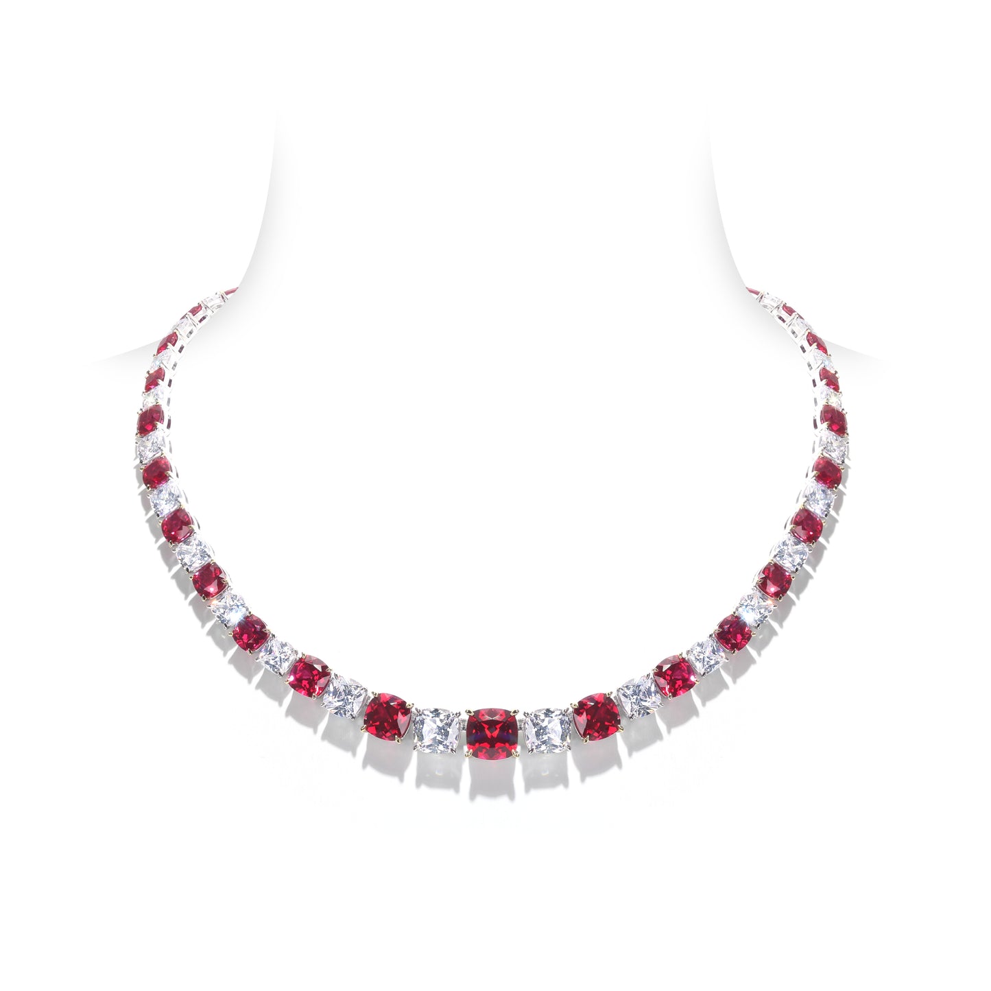 Micro-setting Ruby and clear diamond color Lab created stones cushion modern tennis necklace , sterling silver